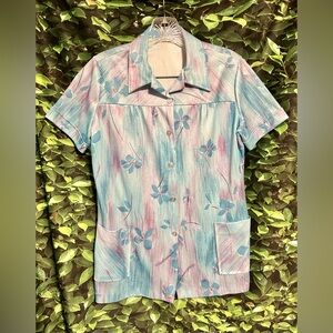 Vintage 60s 70s House Shirt Blouse Floral Shirt Blue Floral Womens Small